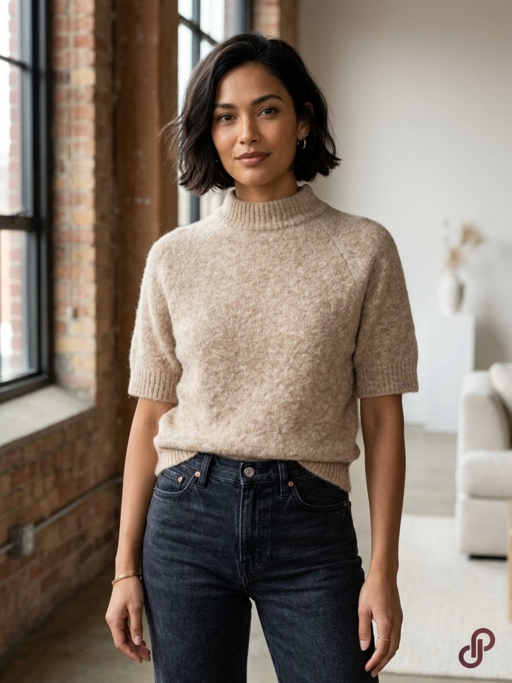 Cozy Oatmeal Alpaca Blend Short Sleeve Mock Neck Knit short sleeve  Sweater